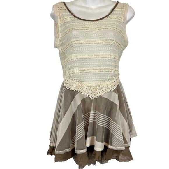 Ryu Womens Boho Cottagecore Longline Top Sheer Lace Bodice Ivory Beige sz M - Picture 1 of 16